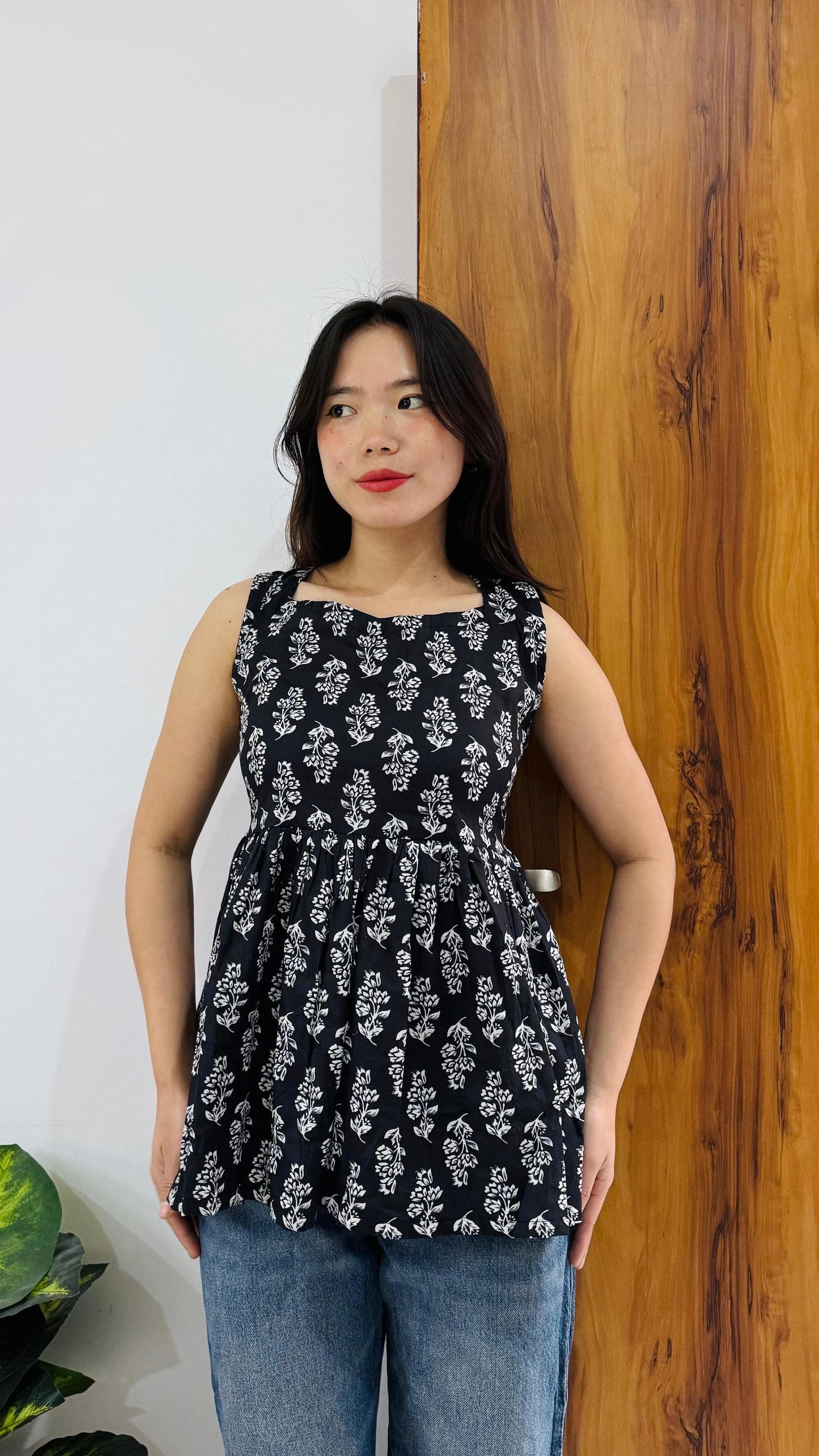 Cotton Flared Black Backless Neck Design Short Kurti