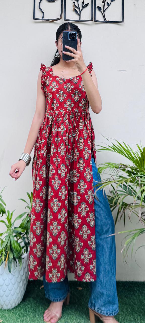 Cotton Ruffle Sleeveless Nayra Cut Long Kurti