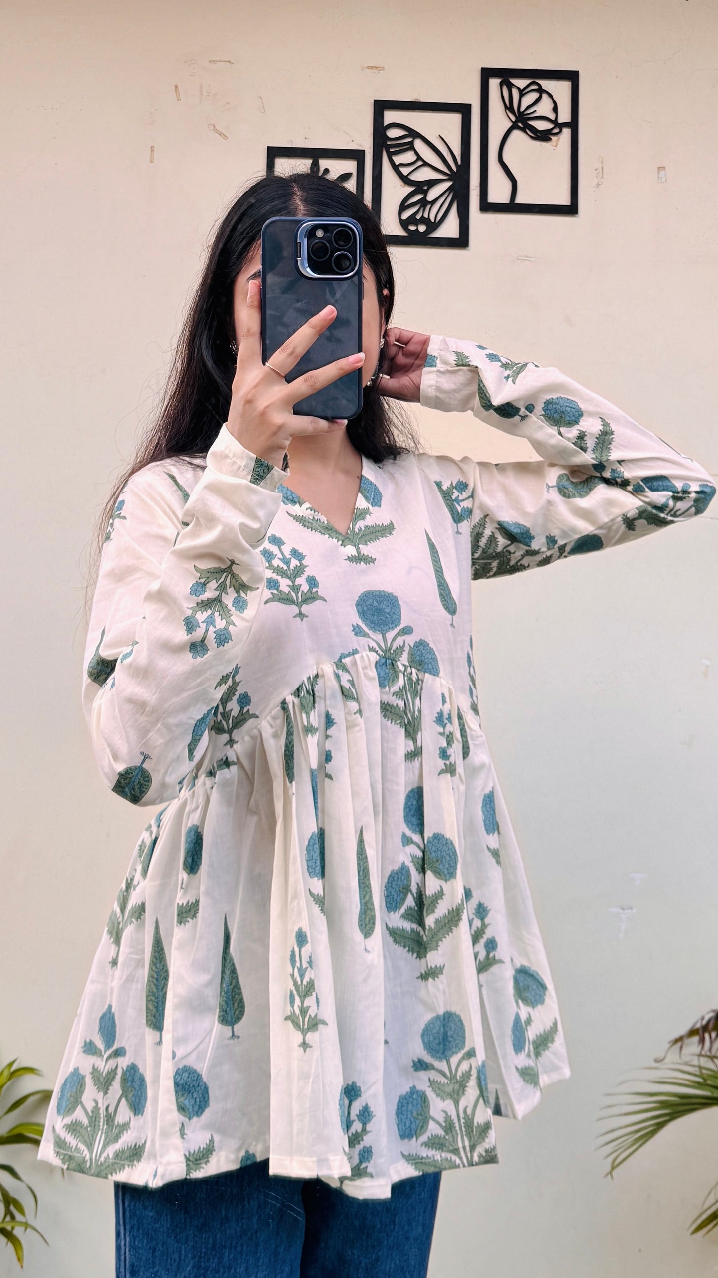 Cotton White Flared Printed Aliacut Peplum Top