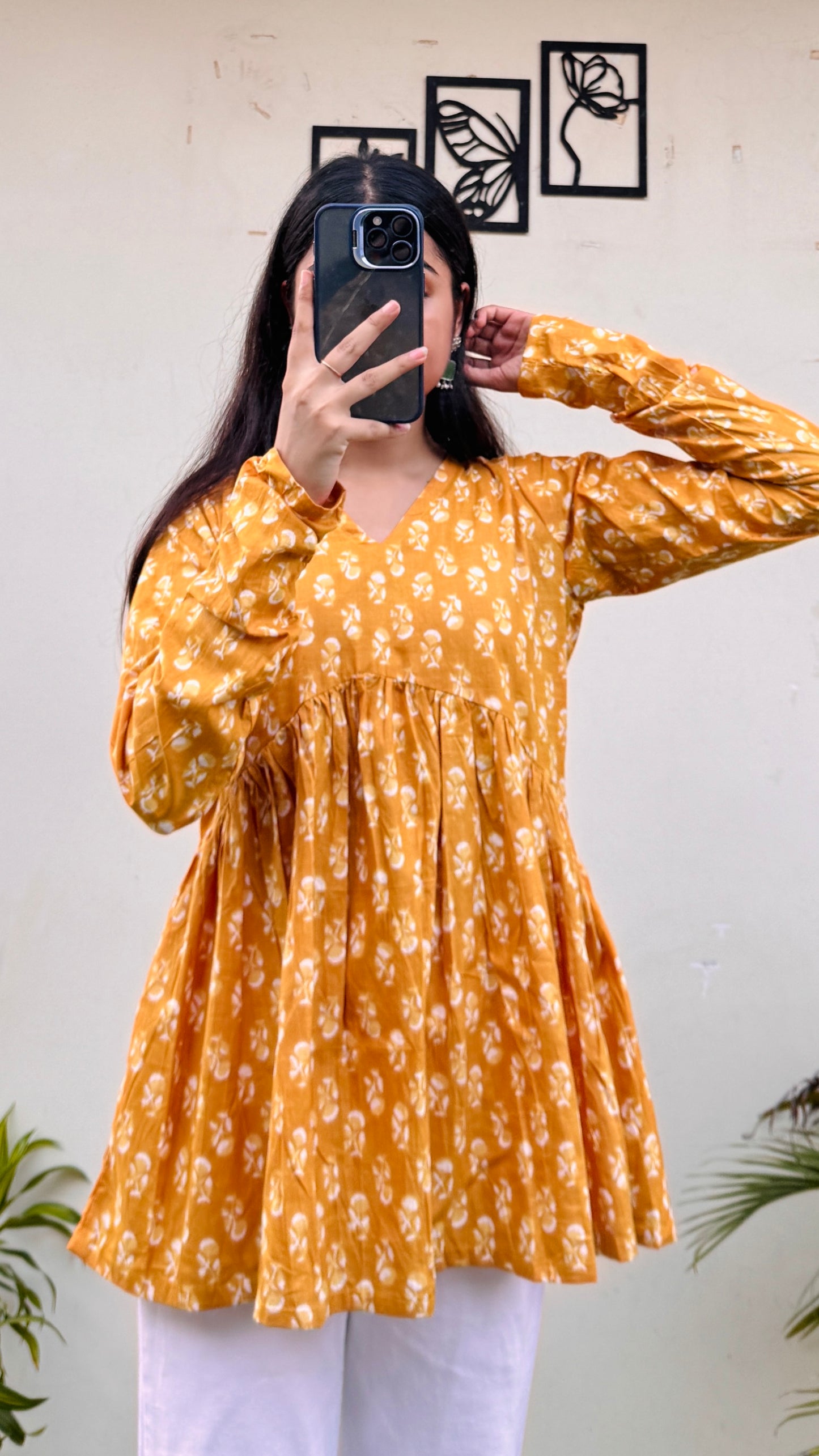 Cotton Yellow Flared Printed Aliacut Peplum Top