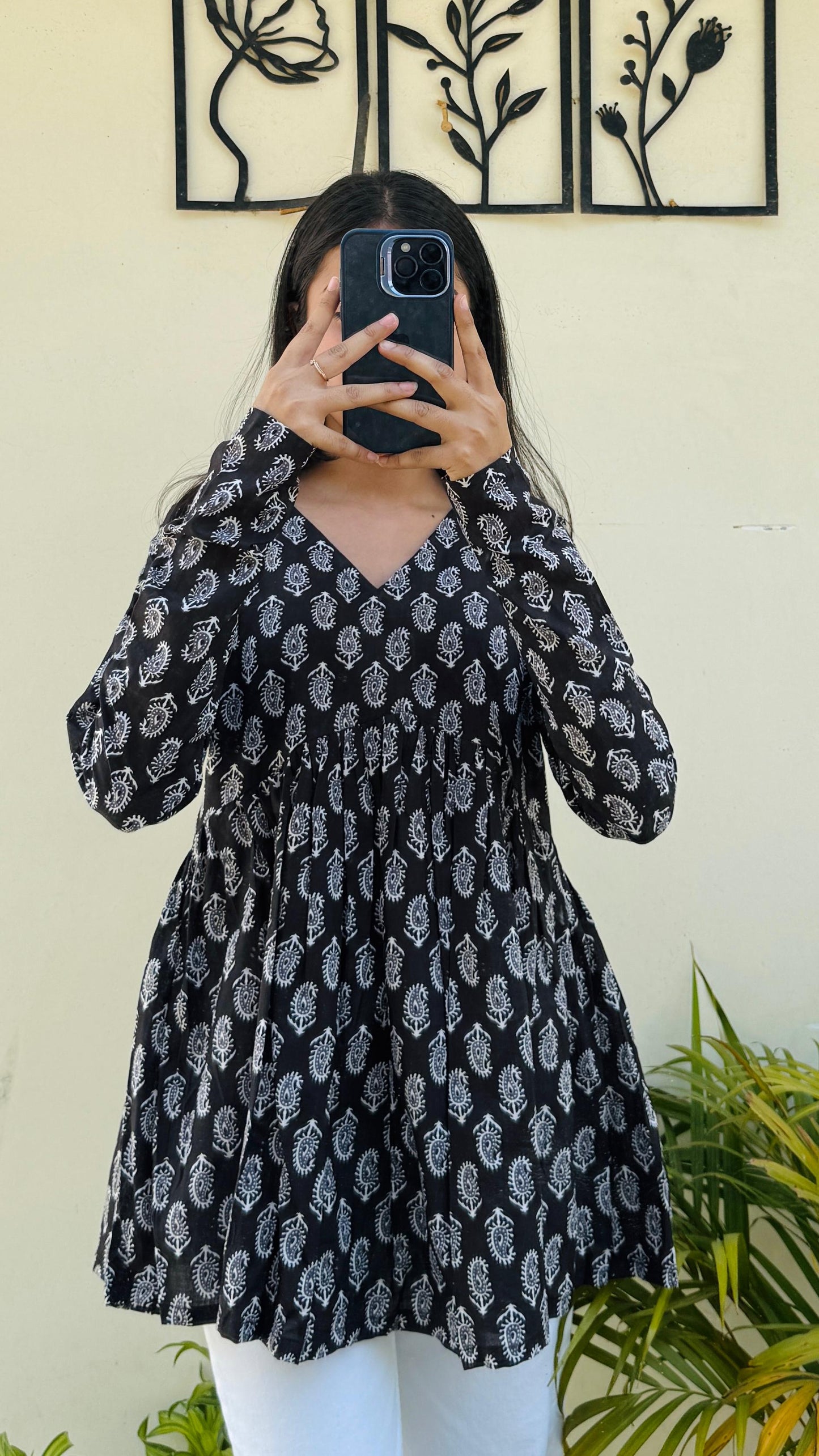 Cotton Black Flared Printed Aliacut Peplum Top