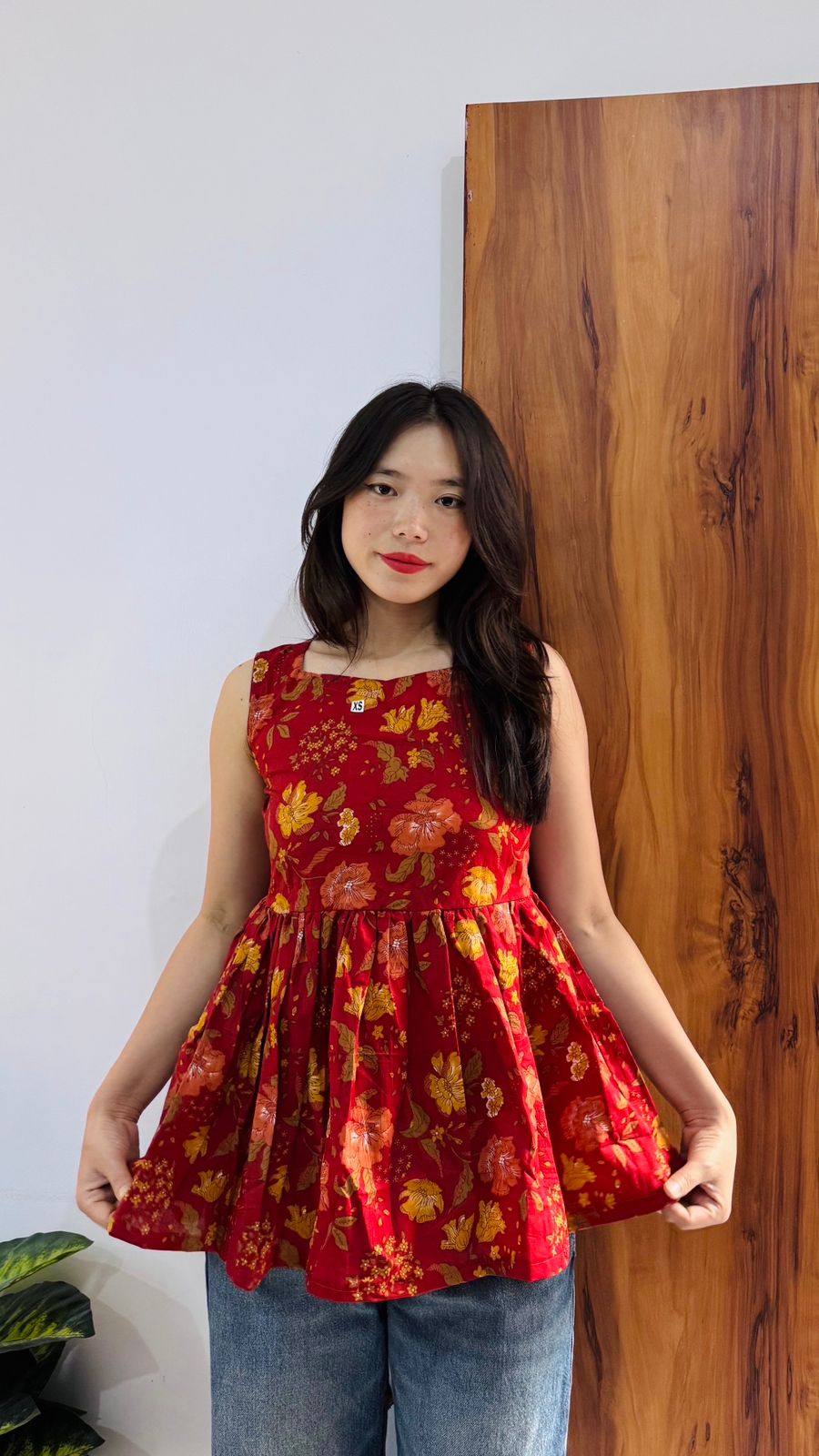 Cotton Flared Red Back Less Neck Design Short Kurti