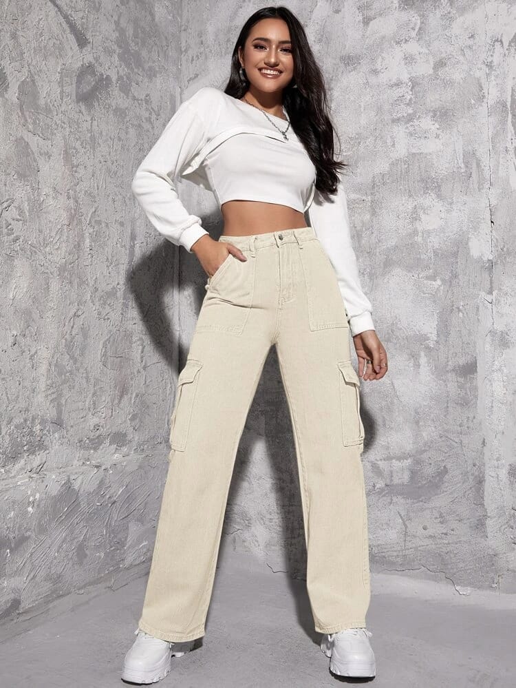 High Waist Six Pocket Cream Cargo Wide Leg Denim