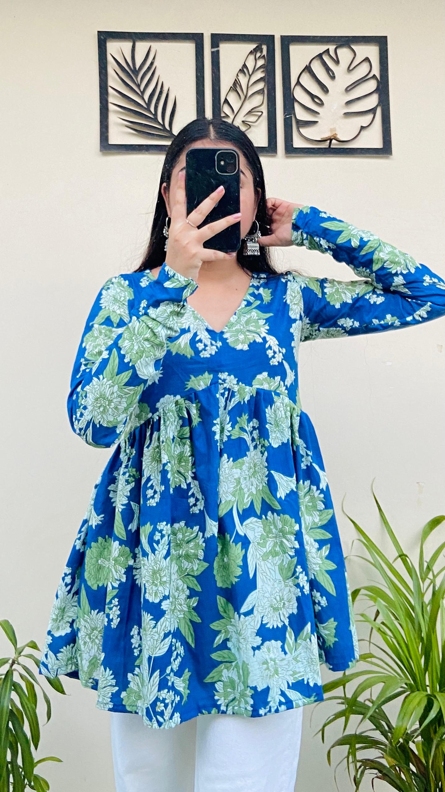 Cotton Flared Blue Floral Print Aliacut Peplum Top