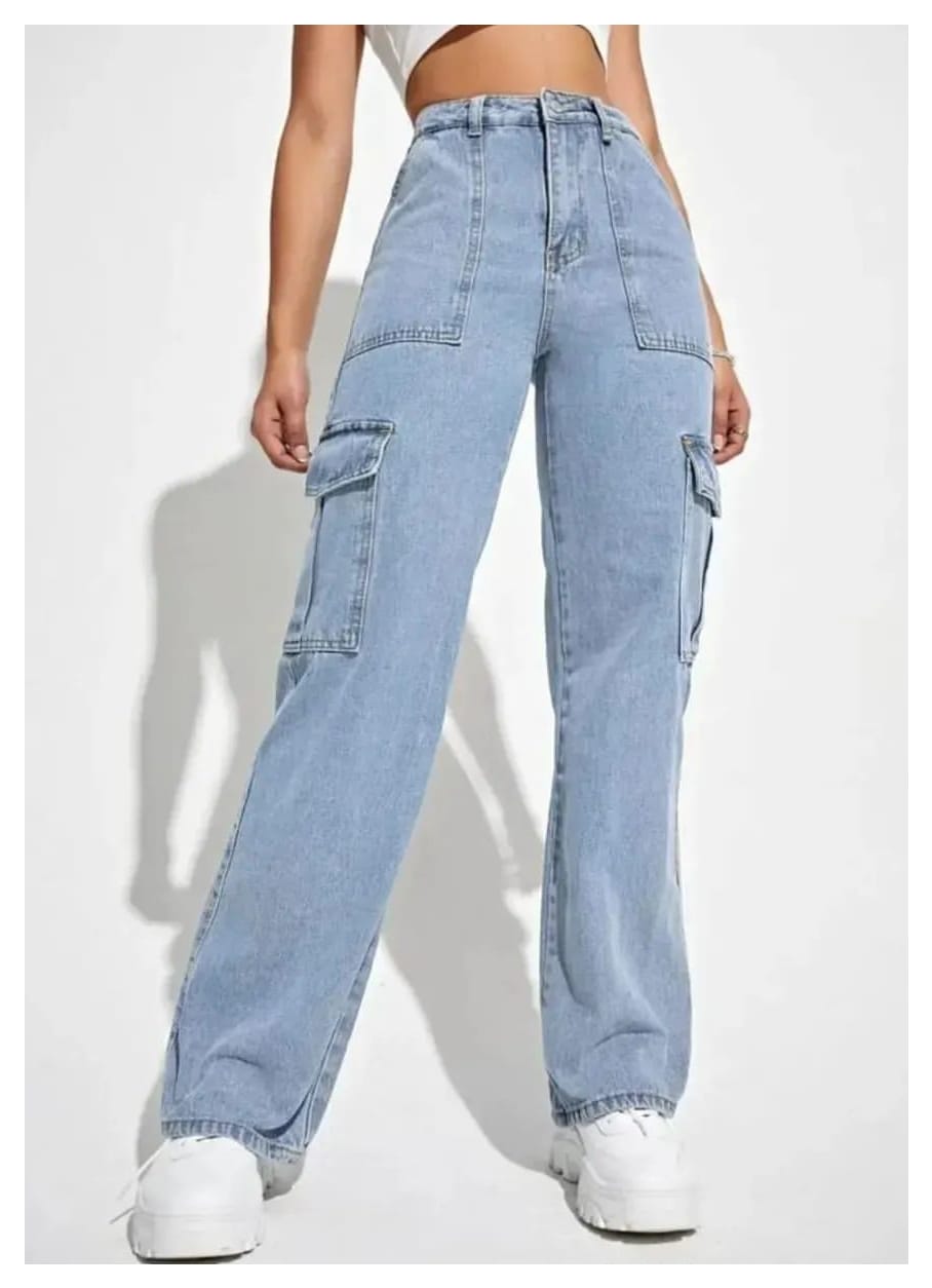 High Waist Six Pocket Ice Blue Cargo Wide Leg Denim