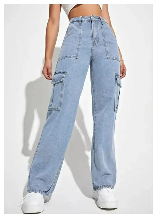 High Waist Six Pocket Ice Blue Cargo Wide Leg Denim