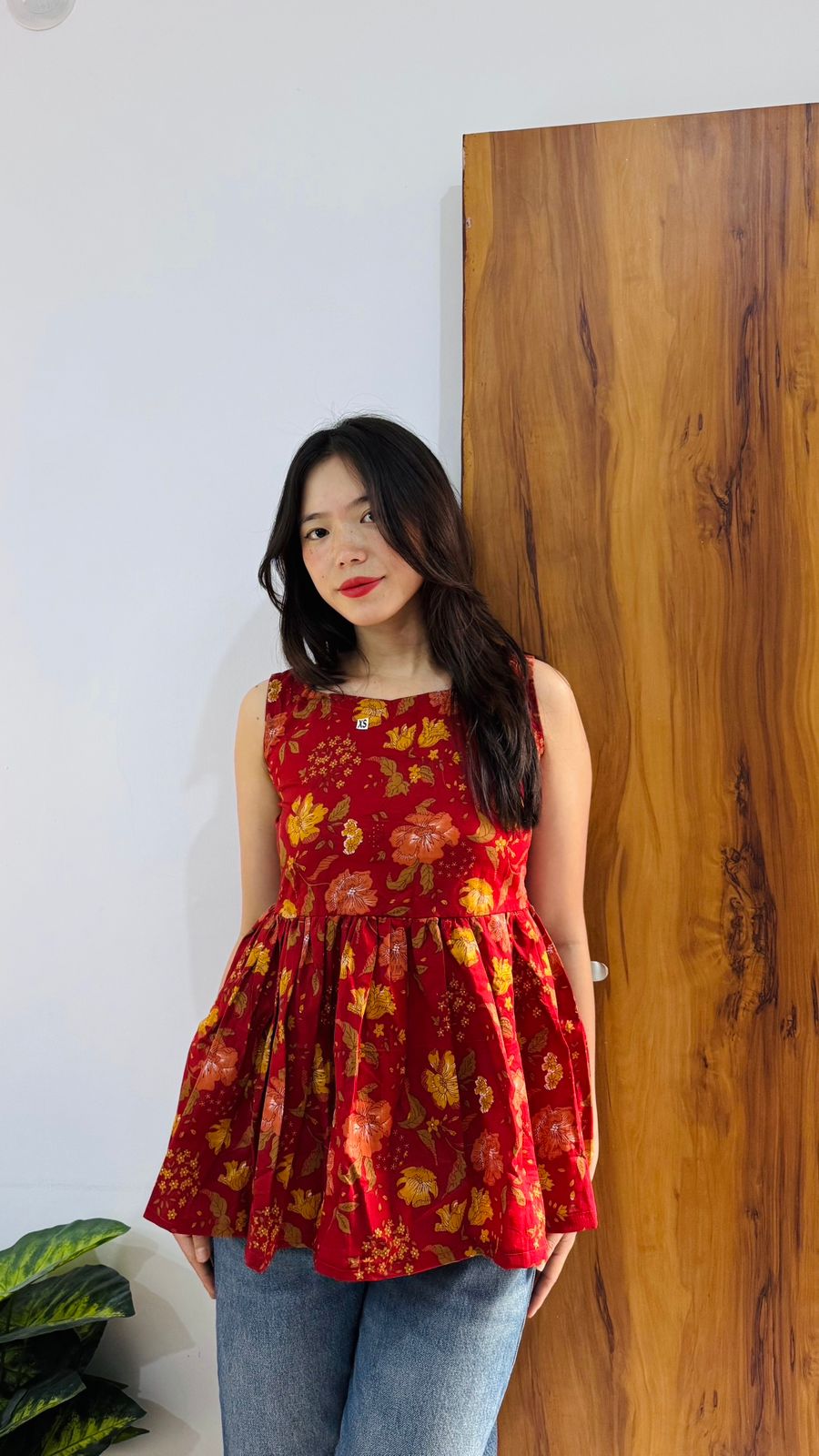 Cotton Flared Red Back Less Neck Design Short Kurti