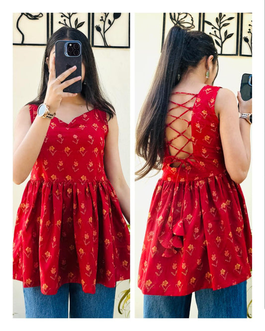 Cotton Flared Back Less Neck Design Short Kurti