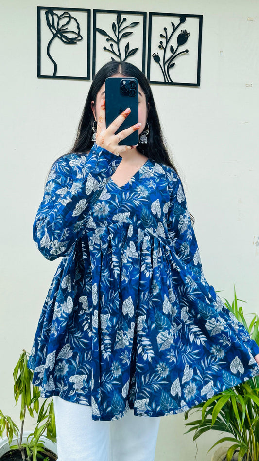 Cotton Flared Blue Floral Print Aliacut Peplum Top