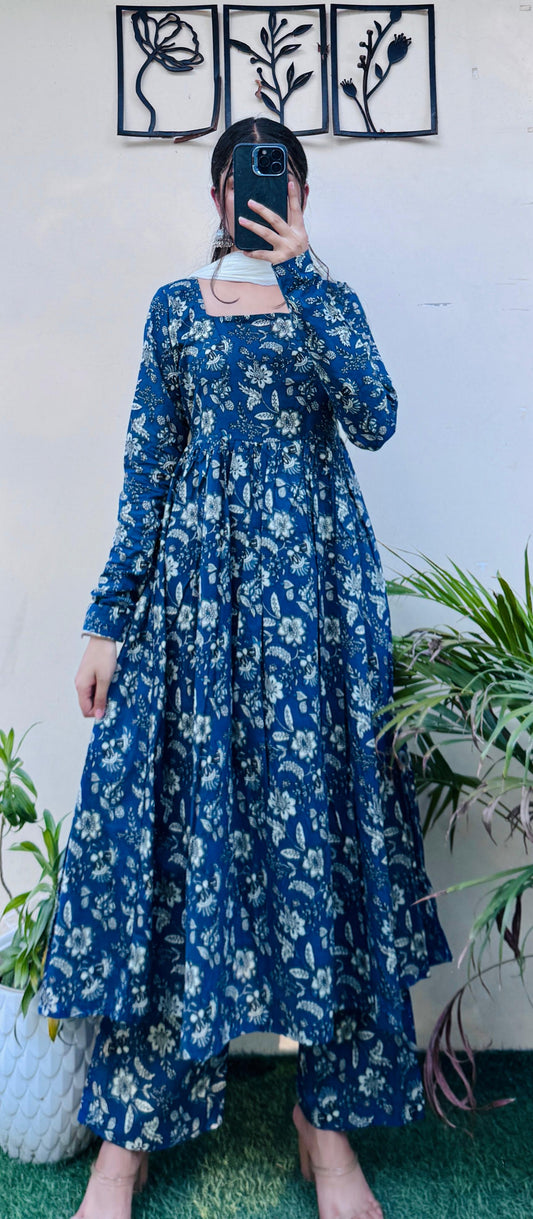 Beautiful Cotton Blue Anarkali Suit Set (Kurta+Pant+Dupatta)