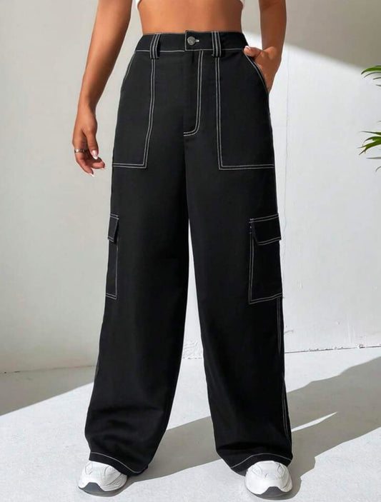 High Waist Six Pocket Black White Stich Cargo Wide Leg Denim