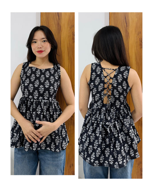 Cotton Flared Black Backless Neck Design Short Kurti