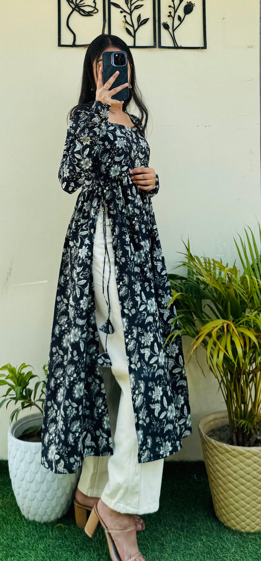 Cotton Full Sleeve Black Nayra Cut Long Kurti