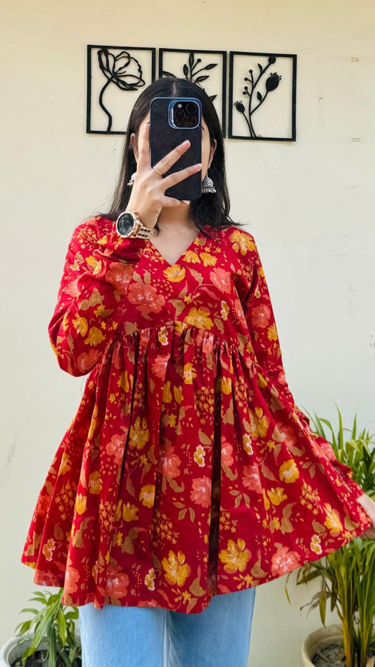 Cotton Flared Floral Print Aliacut Peplum Top