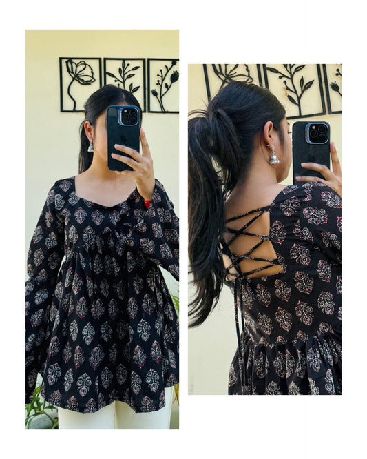 Cotton Black Bellsleeves Backless Ajrakh Print Flared Aliacut Short Kurti