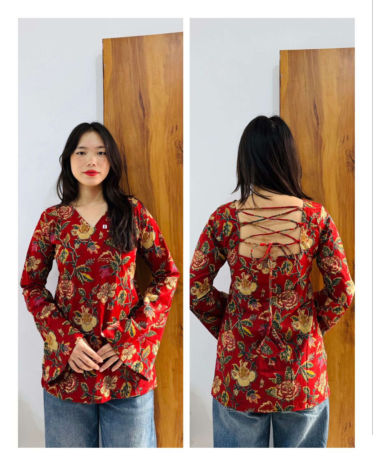 Cotton Bell Sleeves Back Crisscross Design Short Kurti