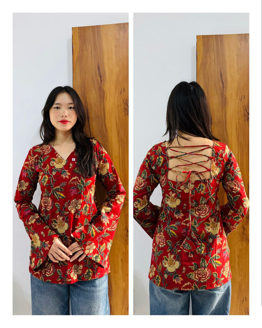 Cotton Bell Sleeves Back Crisscross Design Short Kurti