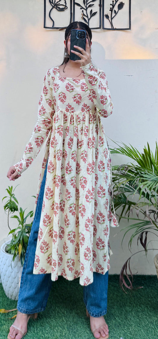 Cotton Full Sleeve Cream Nayra Cut Long Kurti