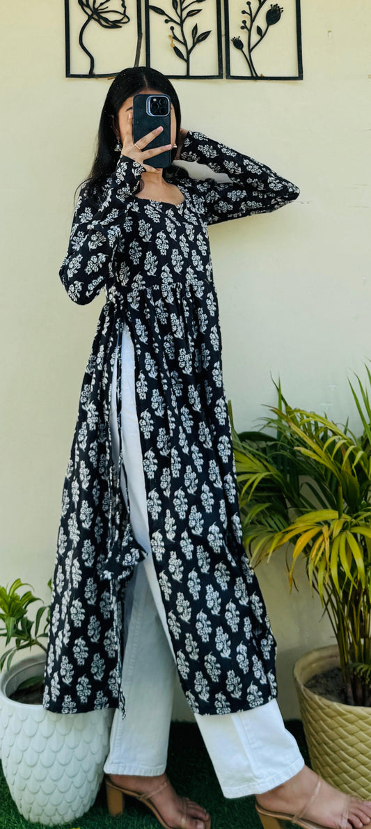 Cotton Full Sleeve Black Nayra Cut Long Kurti
