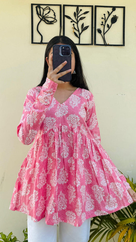 Katha Cotton Peach Flared Floral Print Aliacut Peplum Top