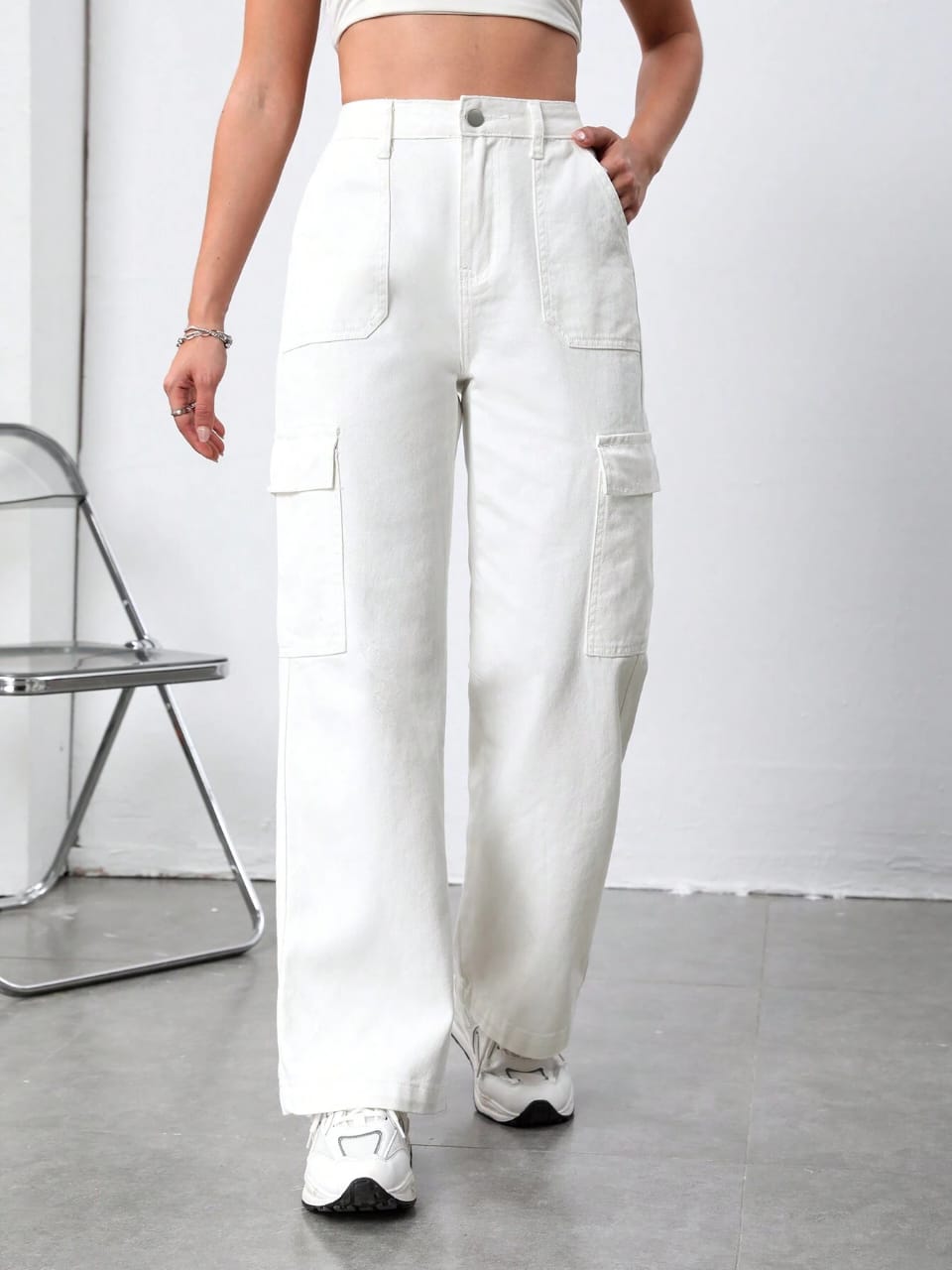 High Waist Six Pocket White Cargo Wide Leg Denim