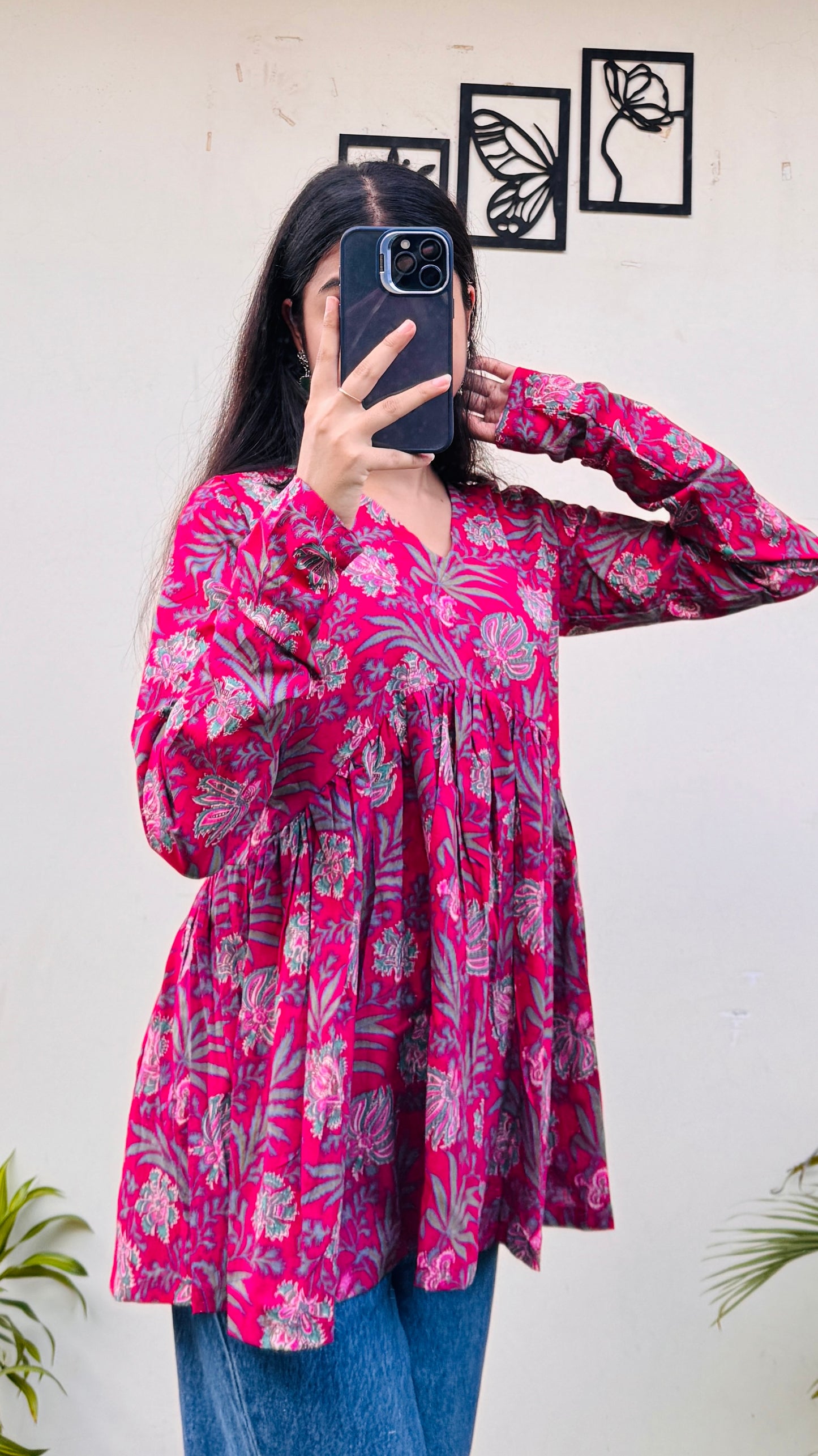 Cotton Dark Pink Flared Printed Aliacut Peplum Top