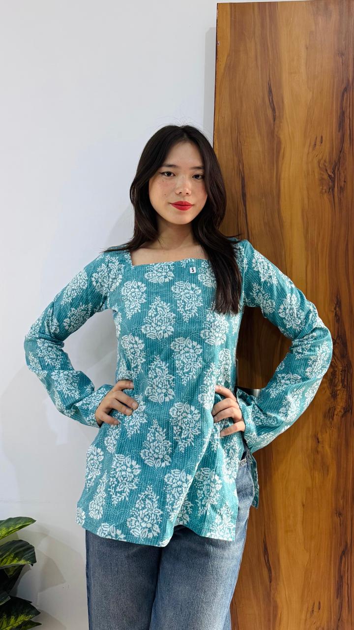 Cotton Bell Sleeves Back Crisscross Design Short Kurti