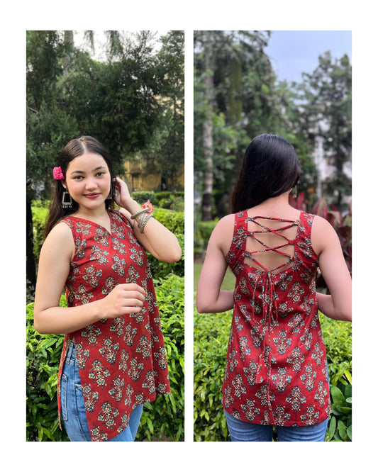 Cotton Sleeveless Backless Short Kurti
