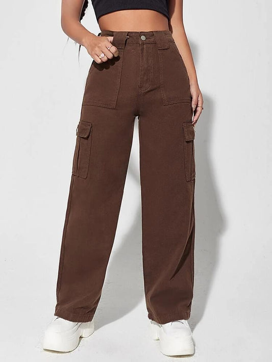 High Waist Six Pocket Brown Cargo Wide Leg Denim