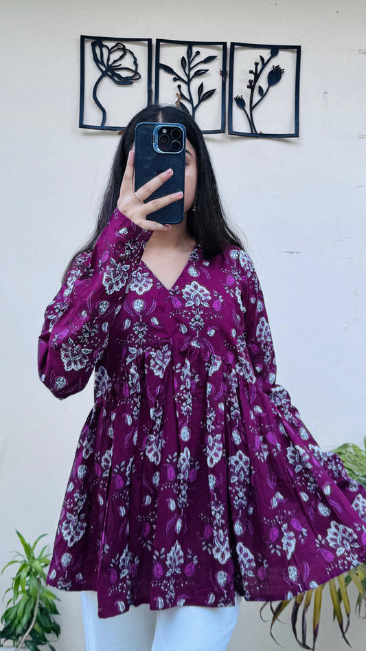 Cotton Wine Flared Floral Print Aliacut Peplum Top