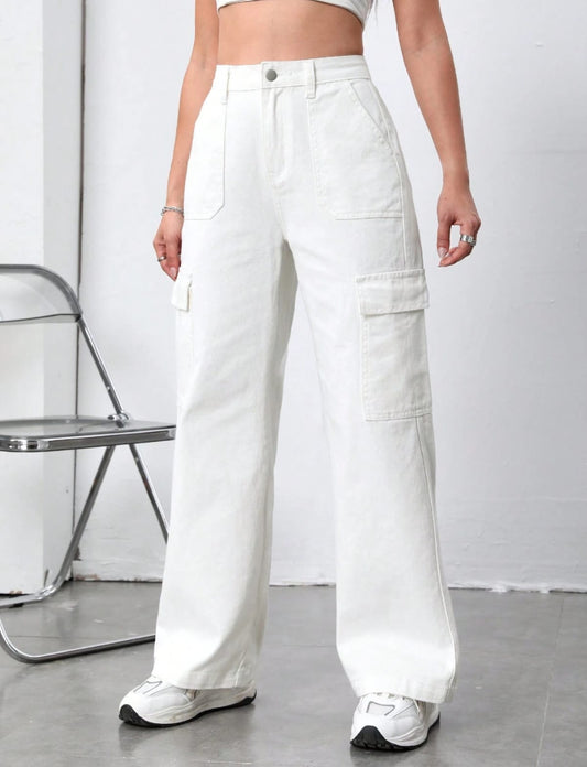 High Waist Six Pocket White Cargo Wide Leg Denim