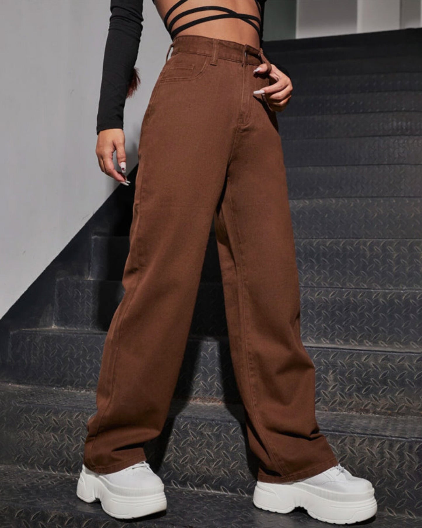 High Waist Brown Wide Leg Denim