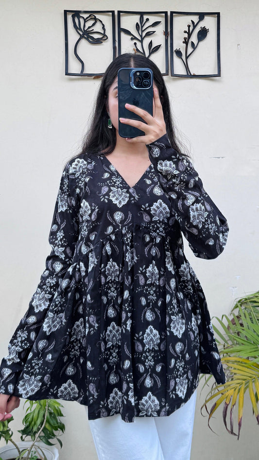 Cotton Black Flared Printed Aliacut Peplum Top