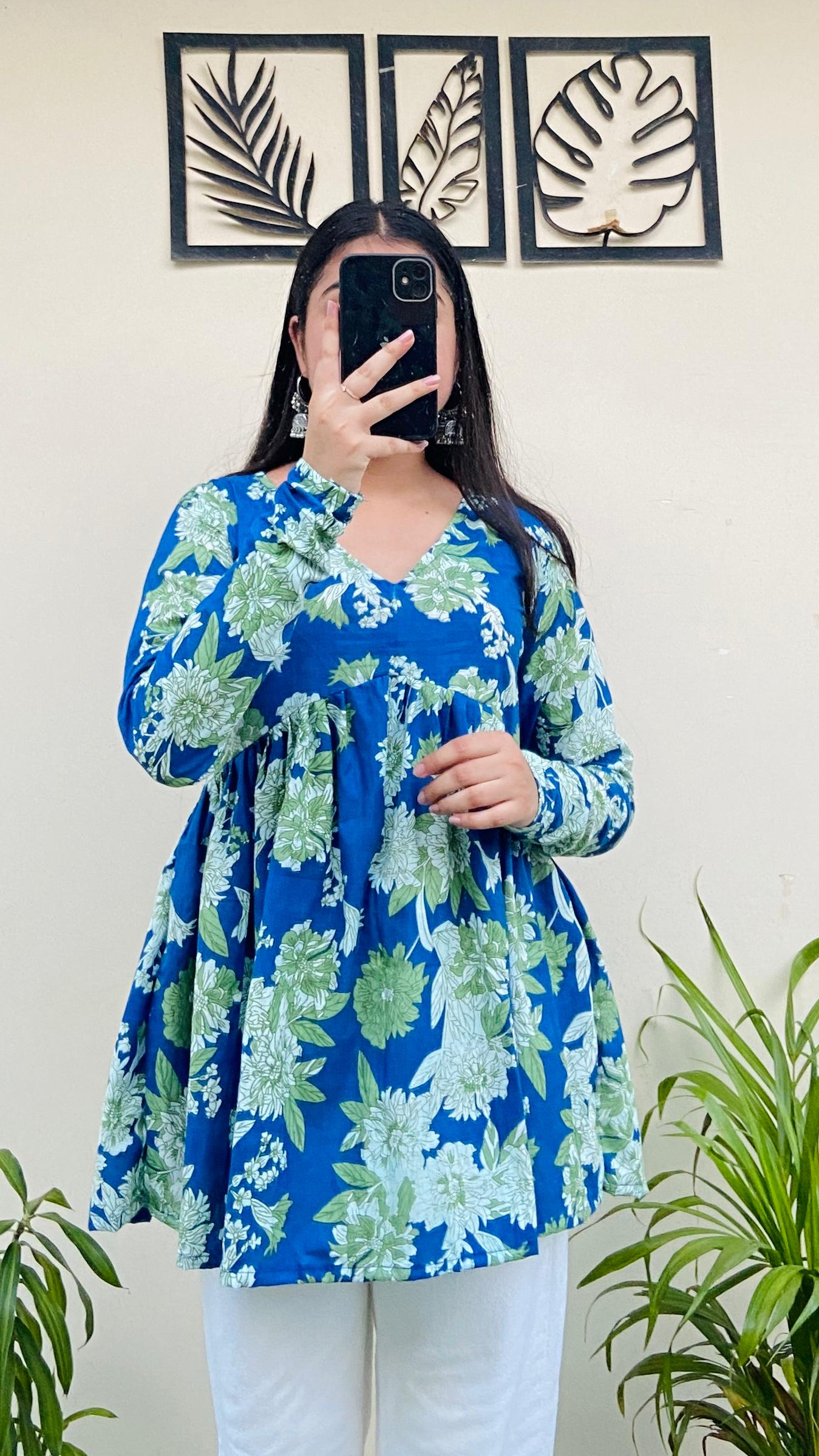 Cotton Flared Blue Floral Print Aliacut Peplum Top