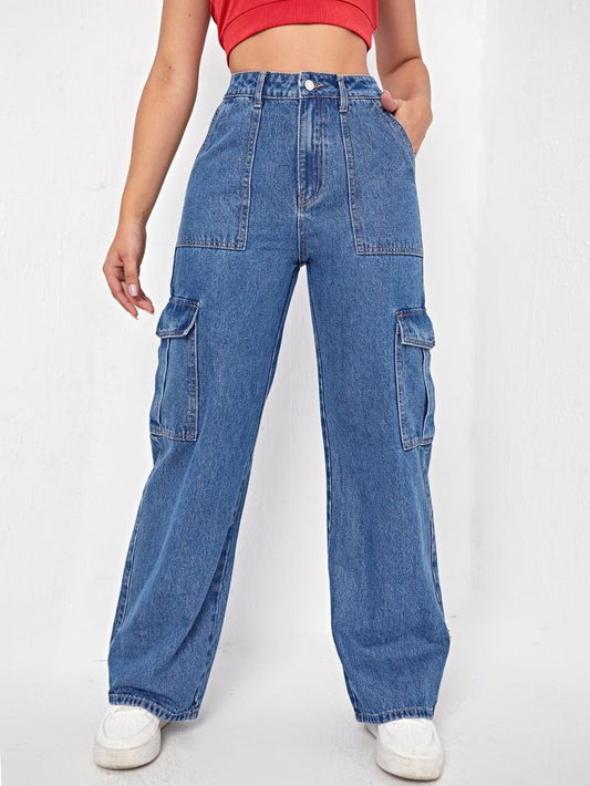 High Waist Six Pocket Stone Blue Cargo Wide Leg Denim