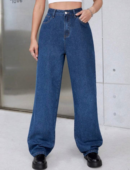 High Waist Dark Blue Wide Leg Deni