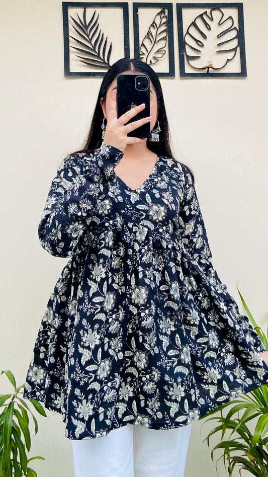 Cotton Flared Black Floral Print Aliacut Peplum Top