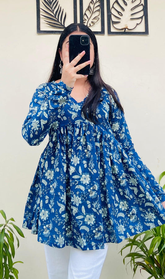Cotton Flared Blue Floral Print Aliacut Peplum Top