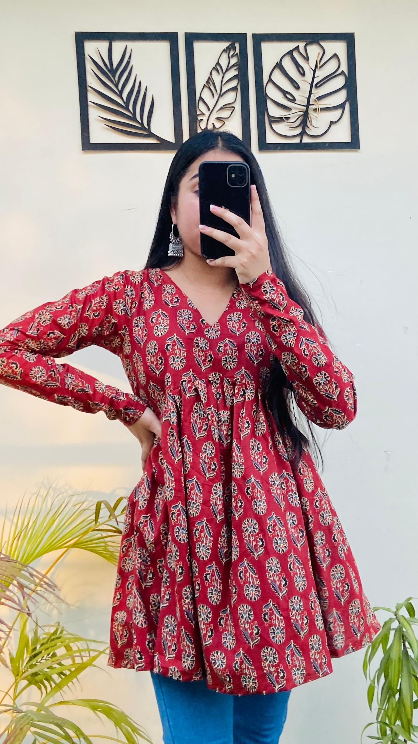 Cotton Flared Ajarakh Print Aliacut Peplum Top