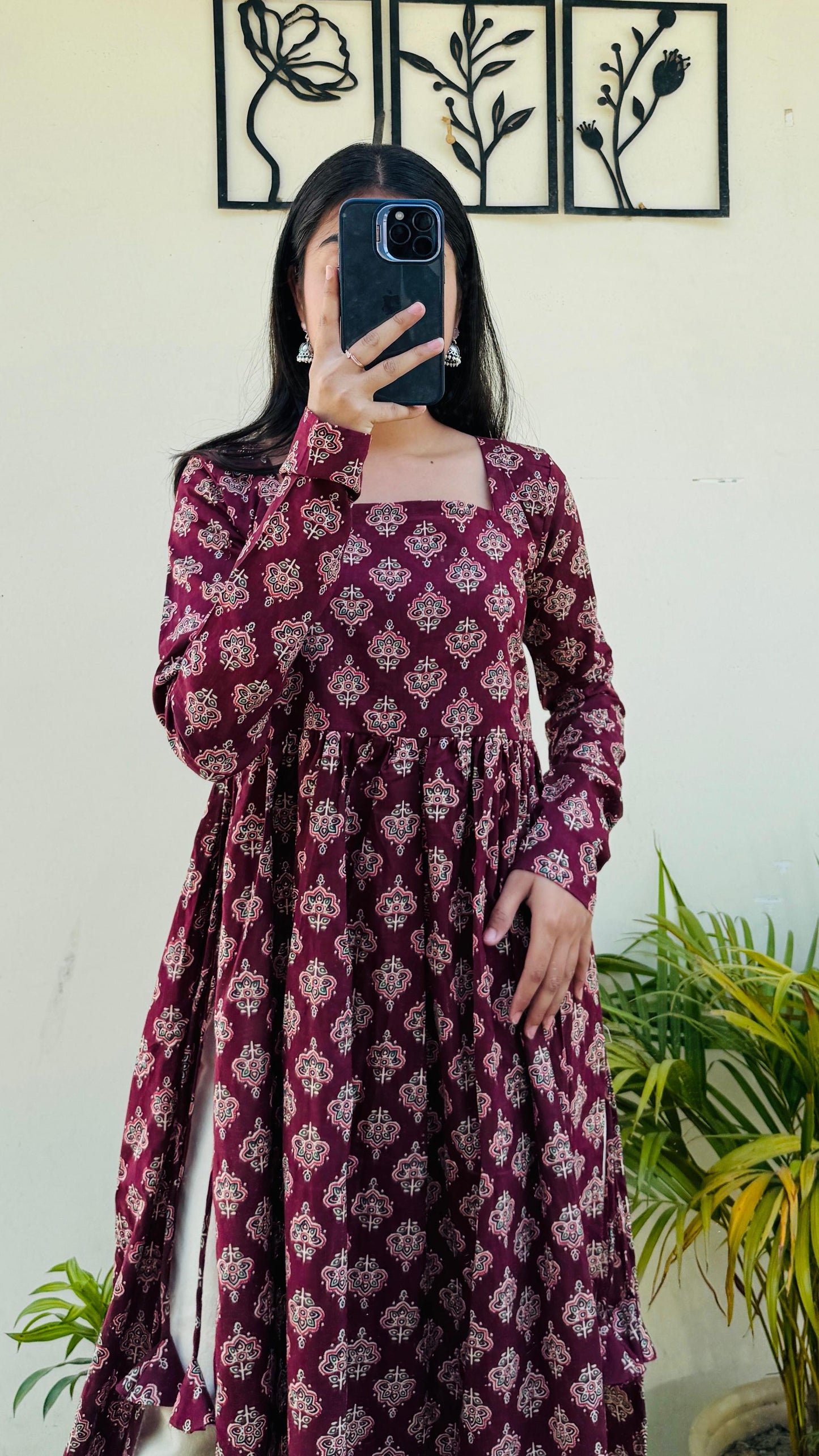 Cotton Full Sleeve Maroon Nayra Cut Long Kurti