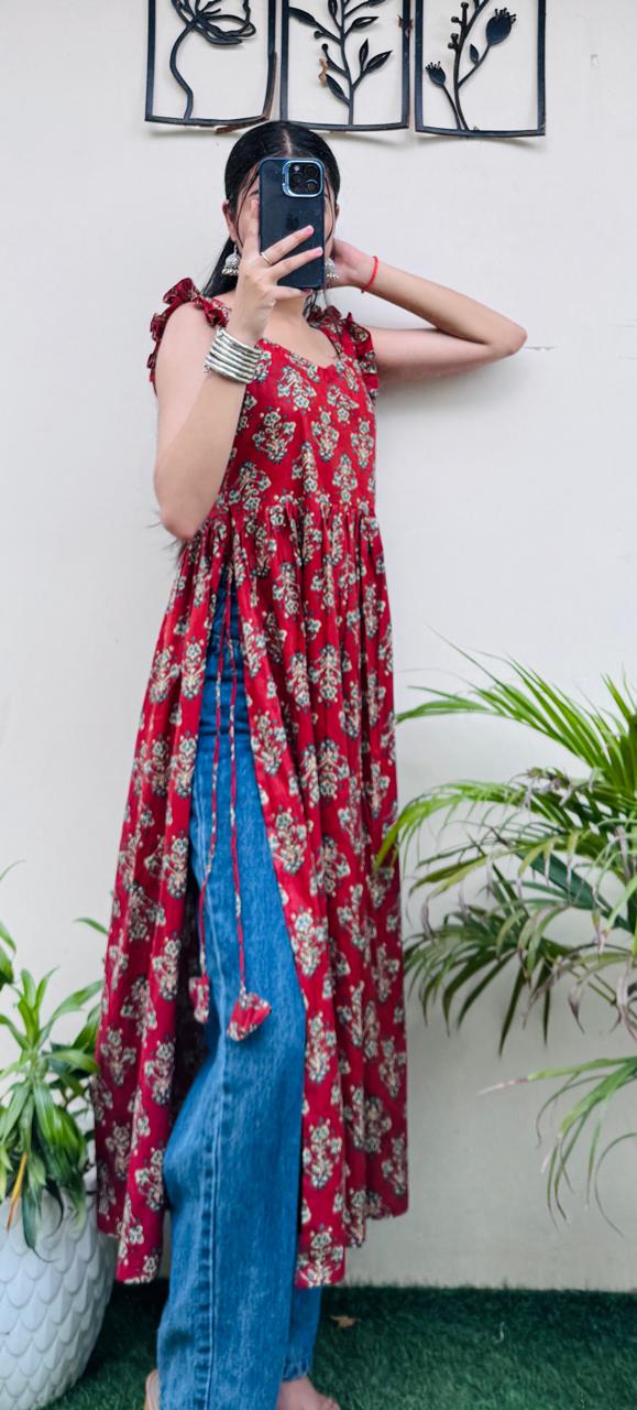 Cotton Ruffle Sleeveless Nayra Cut Long Kurti