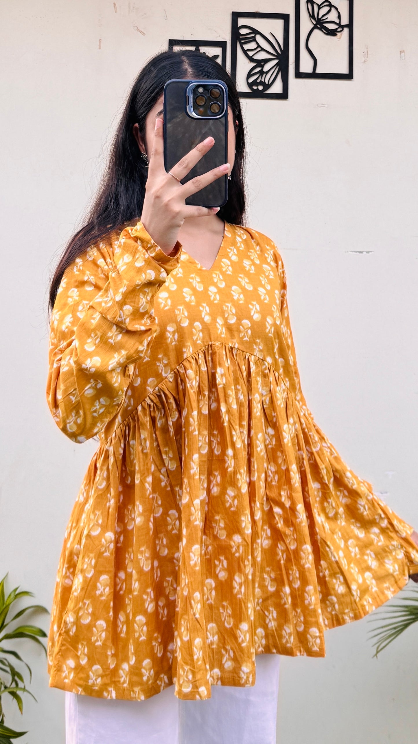 Cotton Yellow Flared Printed Aliacut Peplum Top