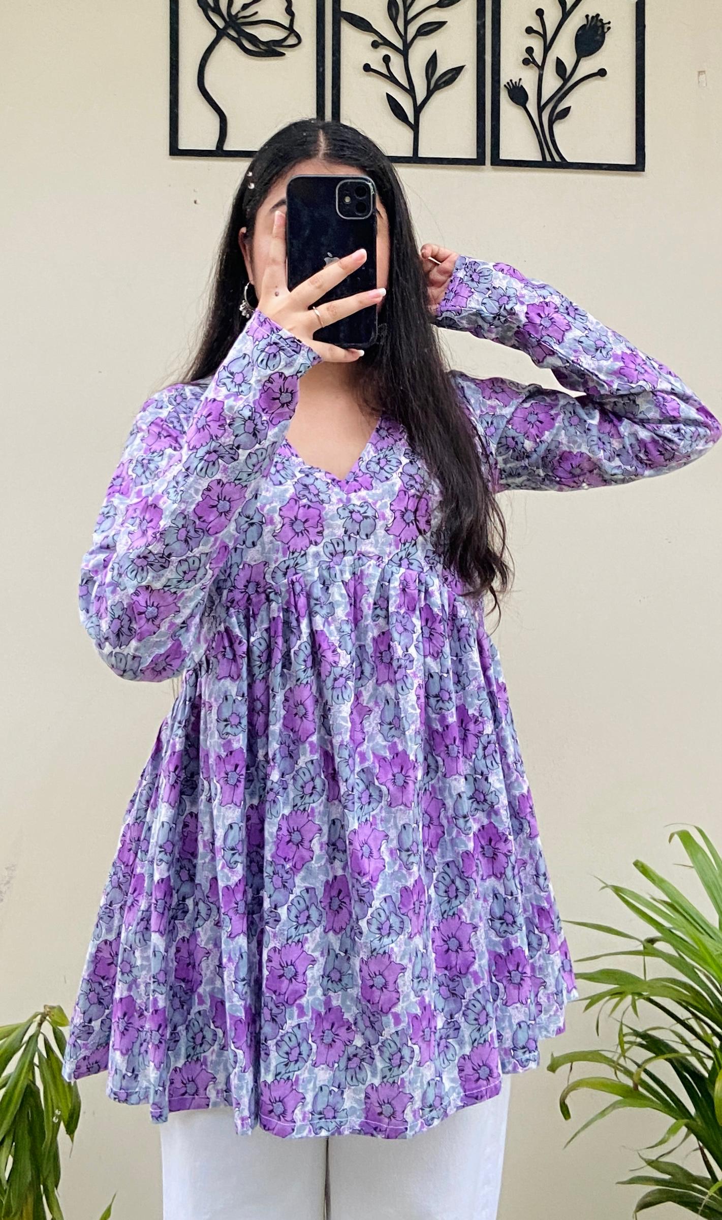 Cotton Flared Purple Floral Print Aliacut Peplum Top