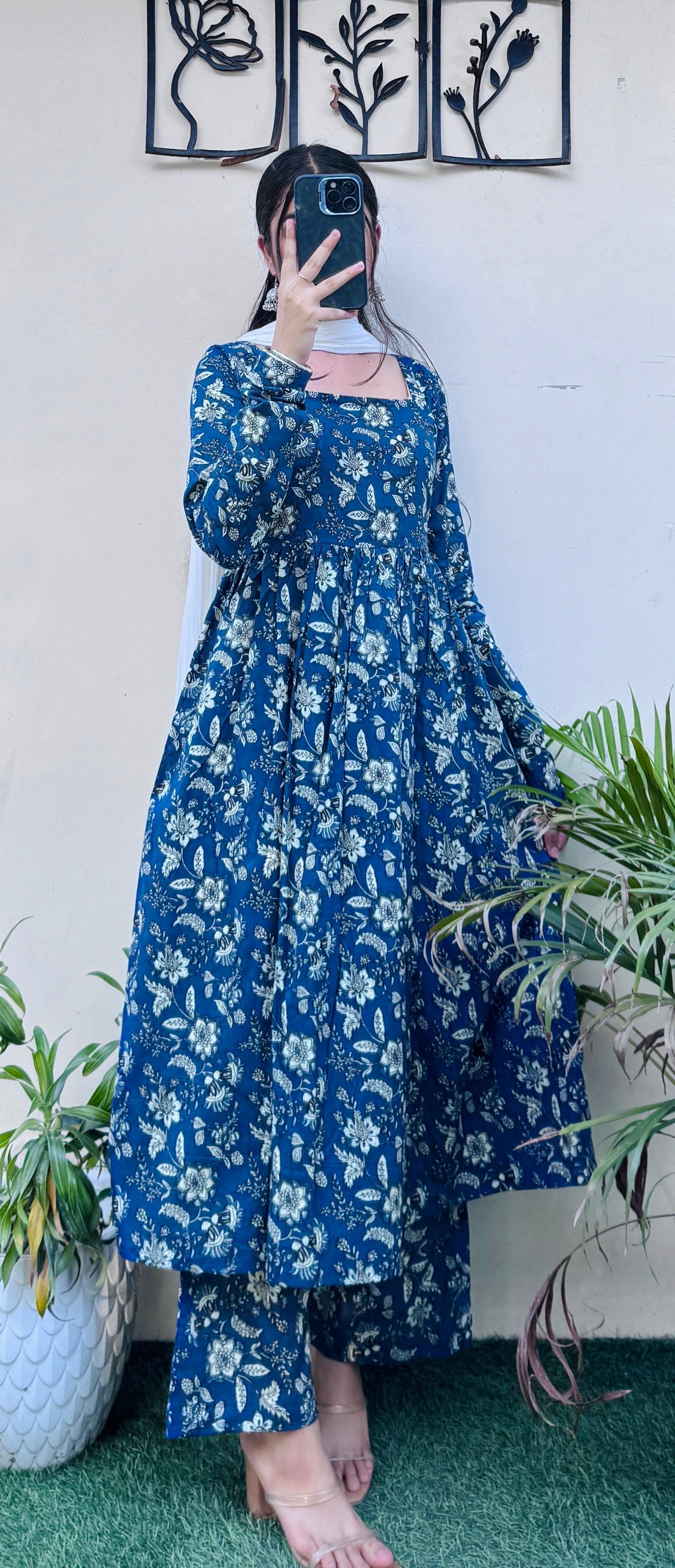 Beautiful Cotton Blue Anarkali Suit Set (Kurta+Pant+Dupatta)