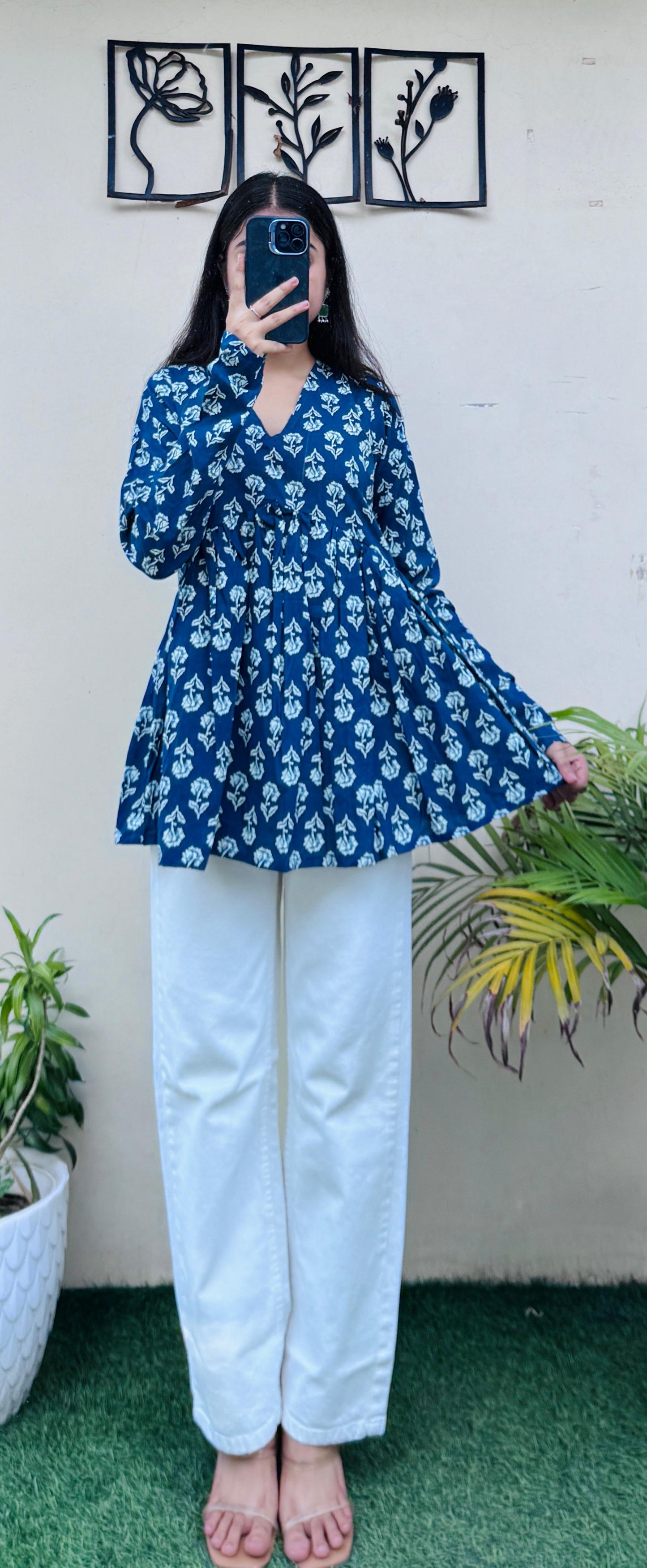 Cotton Blue Flared Printed Aliacut Peplum Top