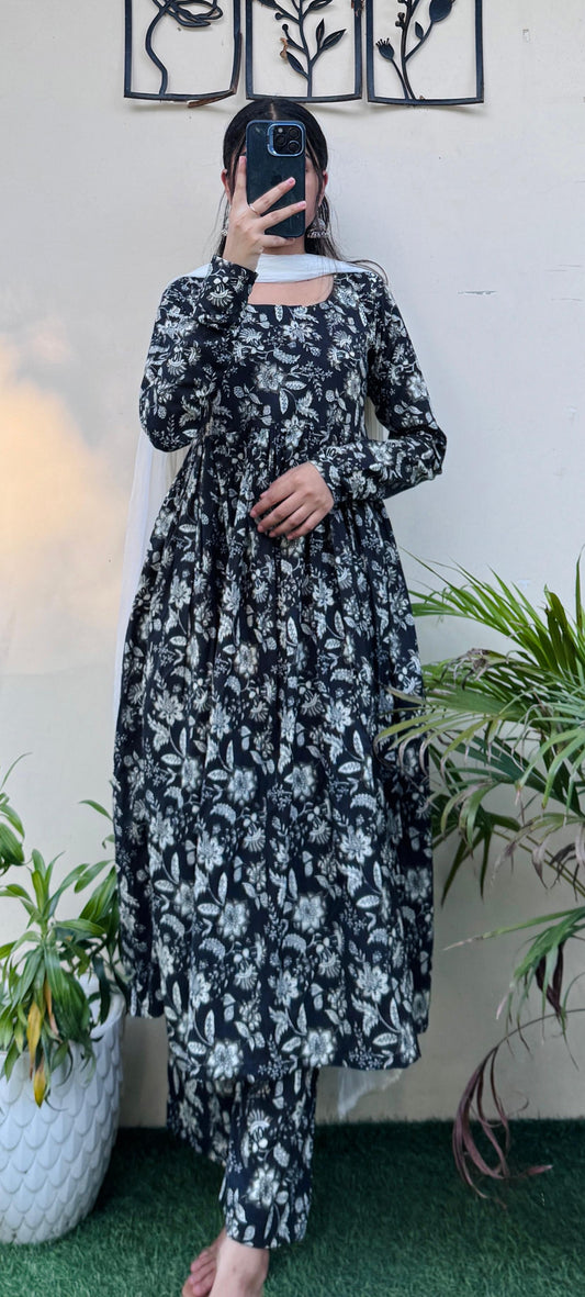 Beautiful Cotton Full Sleeve Anarkali Suit Set (Kurta+Pant+Dupatta)