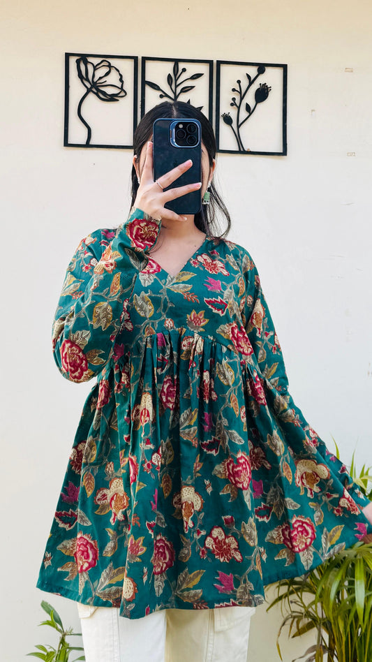 Cotton Flared Green Floral Print Aliacut Peplum Top