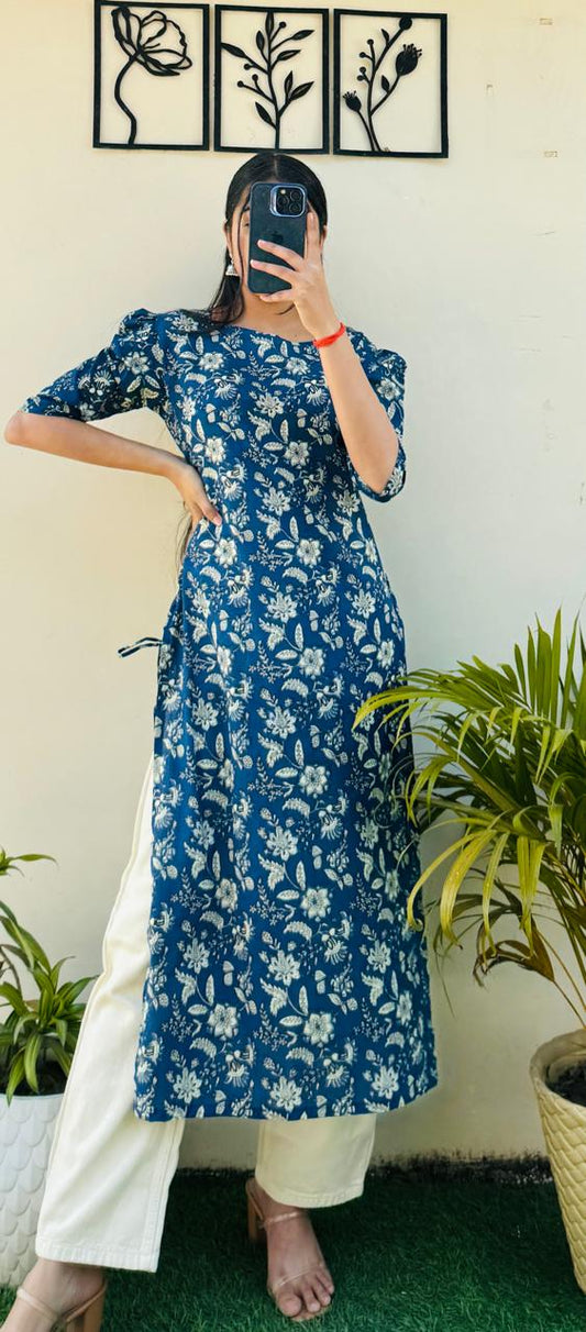 Cotton Printed Blue Puff Sleeves Straight Kurta
