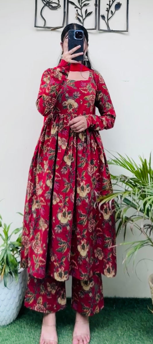 Beautiful Cotton Katha Black Anarkali Suit Set (Kurta+Pant+Dupatta)