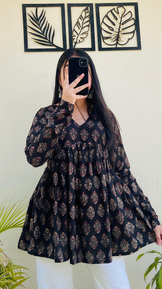 Cotton Flared Ajarakh Print Aliacut Peplum Top